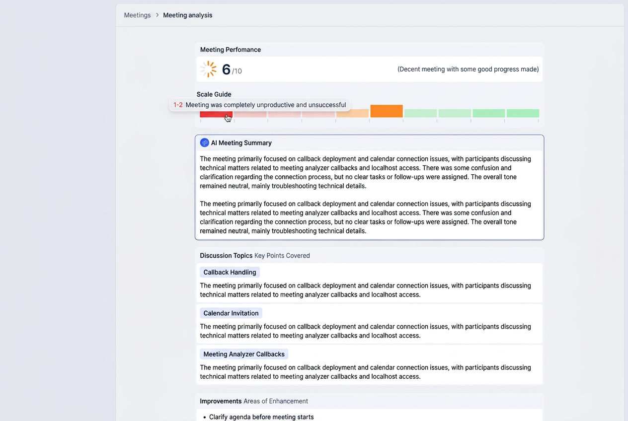 NiaKai post-meeting analysis showing a meeting performance score, AI meeting summary, discussion topics, and areas for improvement